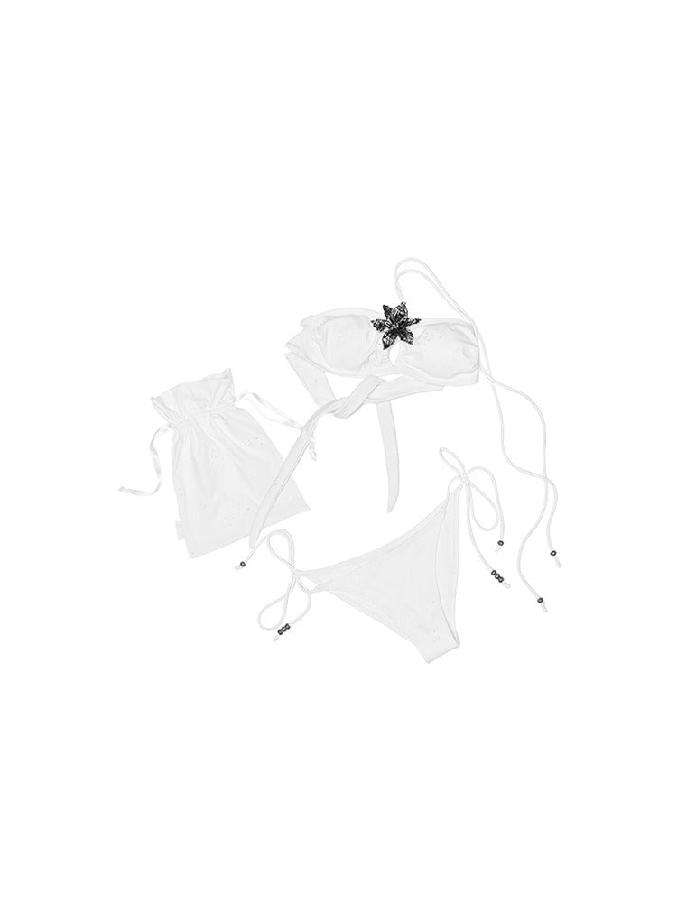 White Jacquard Halter-Tie Bikini