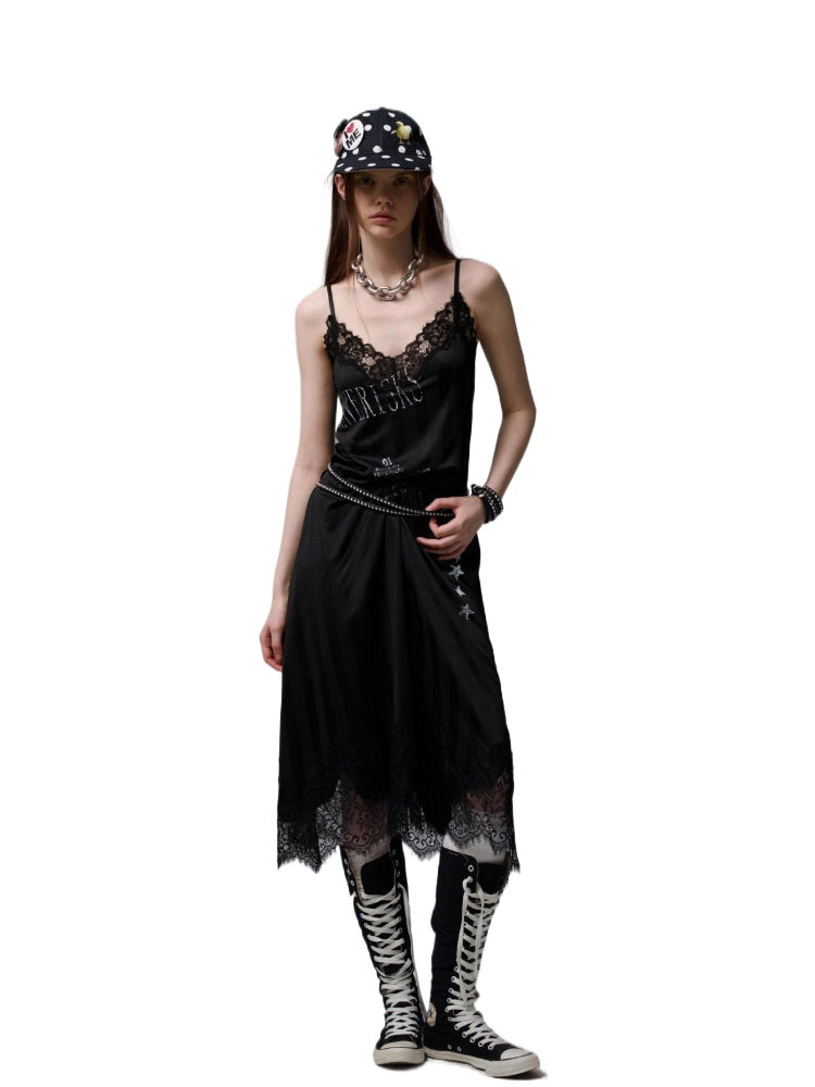 Satin Letter Print Spliced Lace Slip Midi Dress