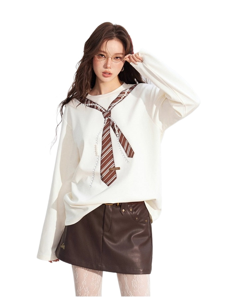 Pearl-Tie Printed Loose Long-Sleeve T-Shirt
