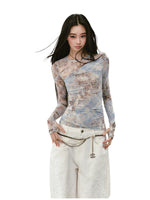 Printed Mesh Contrast-colored Long-sleeve T-shirt