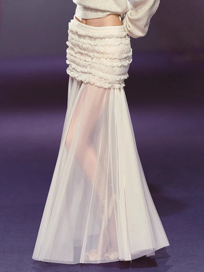 Pleated Mesh Maxi Skirt