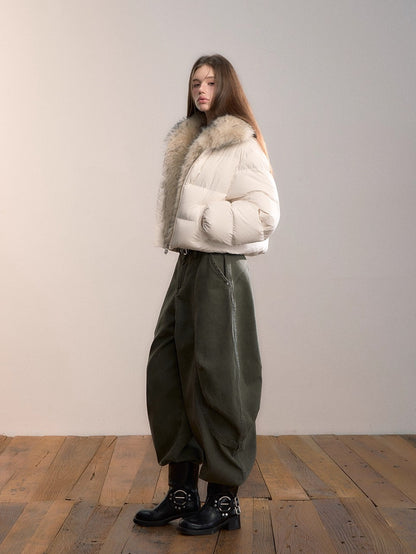 Colorblock Detachable Fur Down Jacket