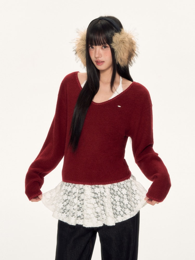 Red Lace Halter Knit 2-piece Set