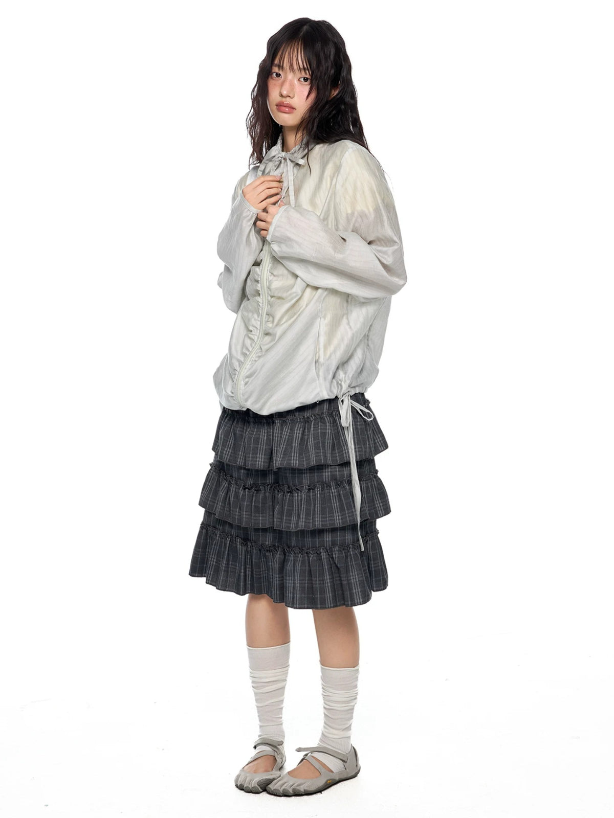 Gathered Tie Plaid Lightweight Blouse