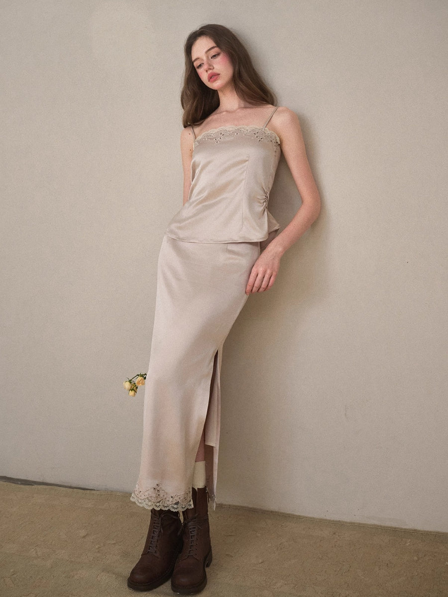 Cosagach Pearl Satin Embroidered Camisole &amp; Skirt Set