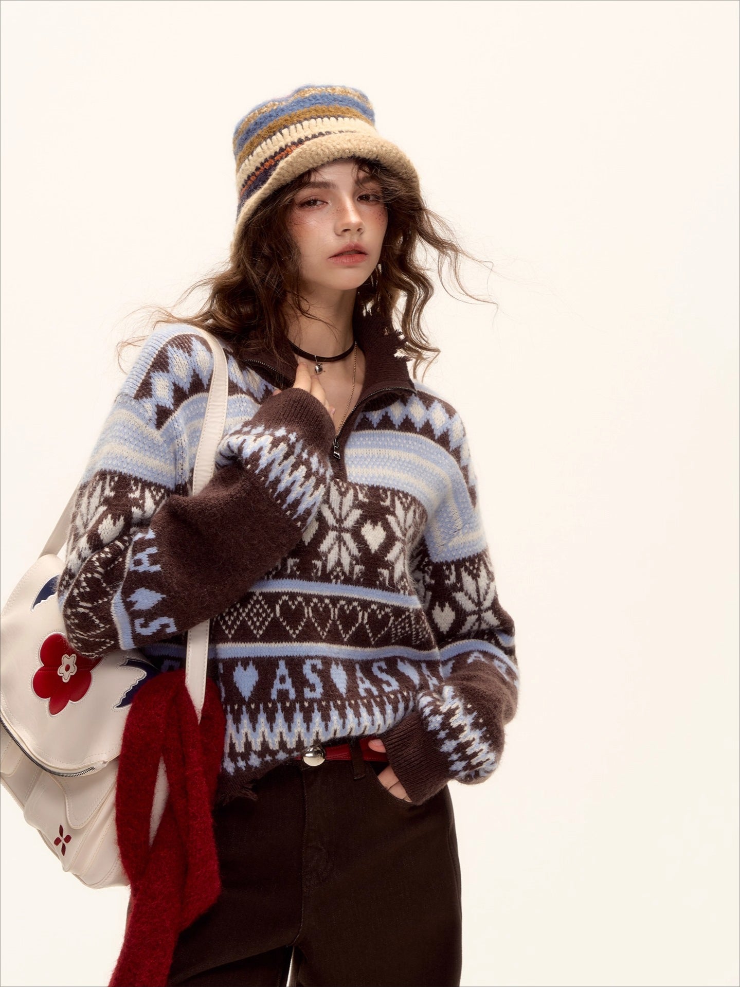 Fair Isle Half-Zip Fringed Knit Sweater