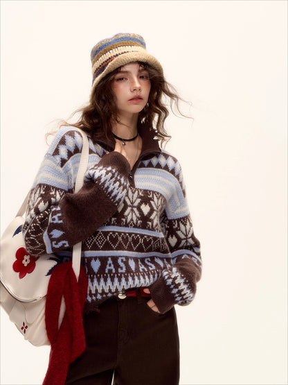 Fair Isle Half-Zip Fringed Knit Sweater