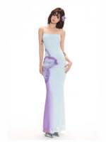 Blue 3D Gradient Floral Dress & Vest Set