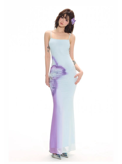 Blue 3D Gradient Floral Dress &amp; Vest Set