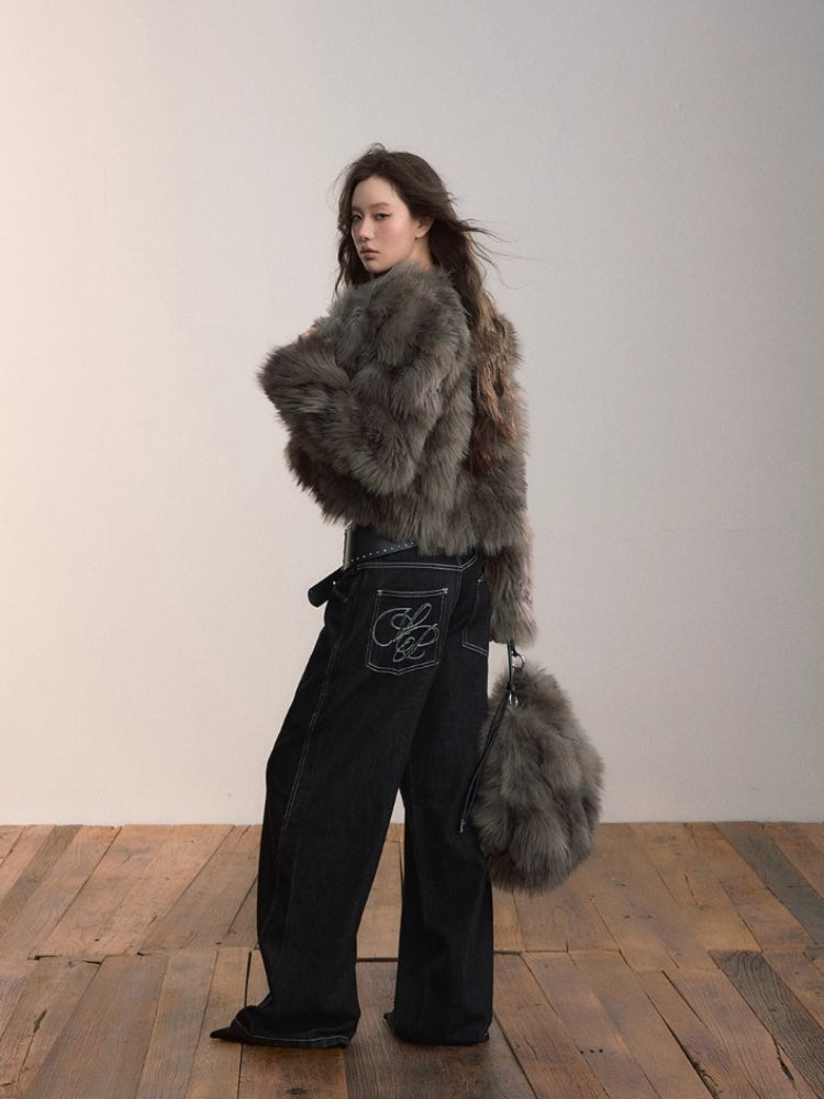 Short PU Leather Faux Fur Collar Coat