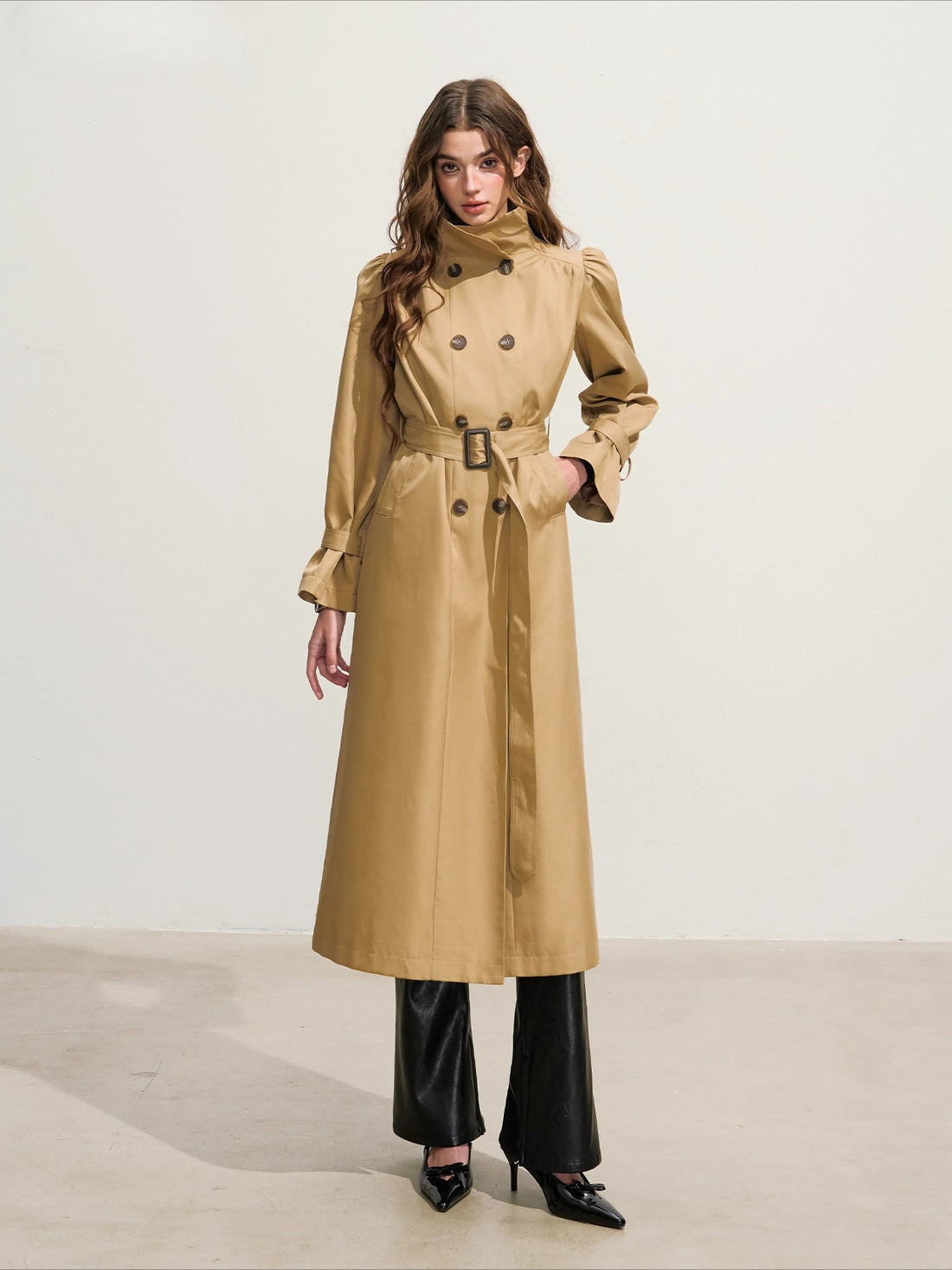 Khaki Puff-Sleeve Double-Breasted Long Trench Coat