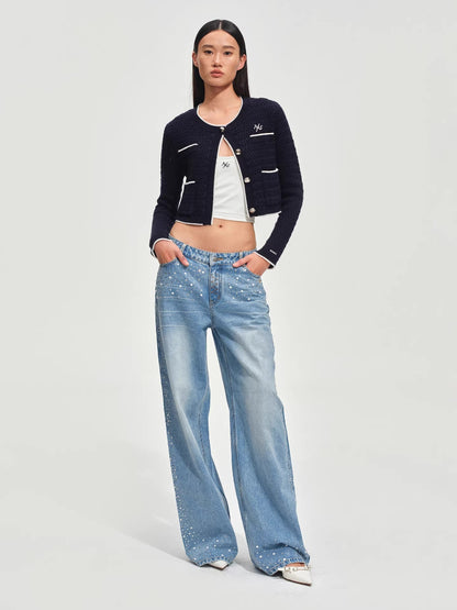 Low-Rise Wide-Leg Rhinestone Denim Pants