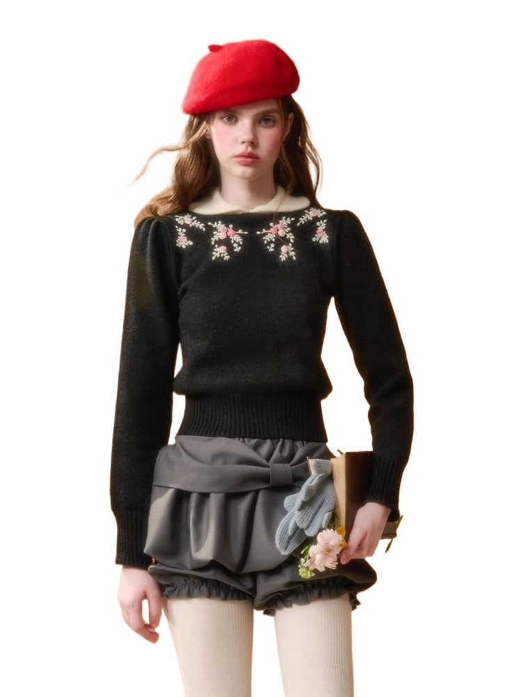 Hand-Embroidered Peter-Pan Collar Knit Top