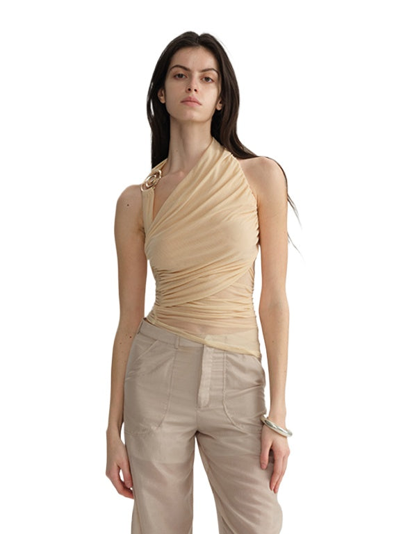 Metal Ring Halter Mesh Pleated Blouse