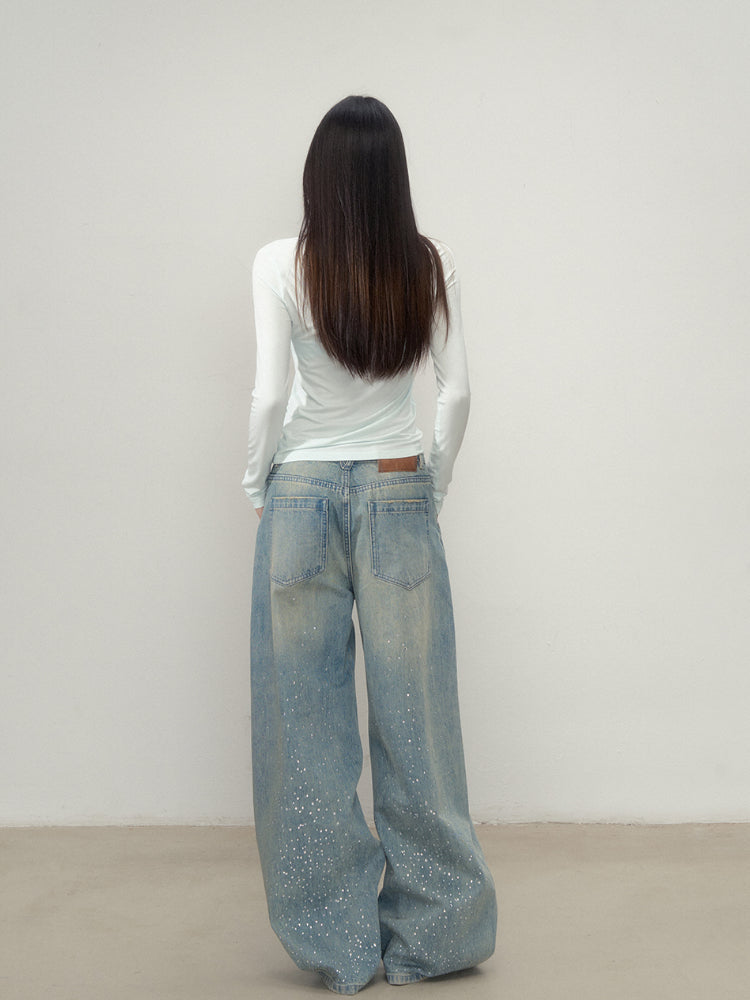 3D Rhinestone Wide-Leg Denim Pants