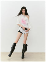 Rhinestone Printed Asymmetric Shoulder Short sleeve T-shirt