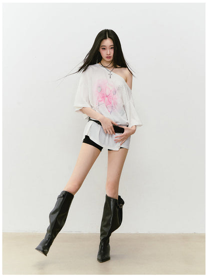 Rhinestone Printed Asymmetric Shoulder Short sleeve T-shirt
