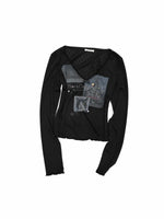 Cat Print Rhinestone V-Neck Top