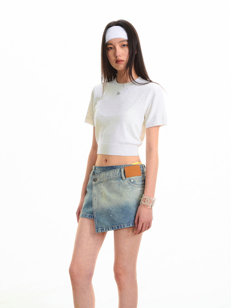 Gradient Rhinestone Shoulder Short-Sleeve T-shirt