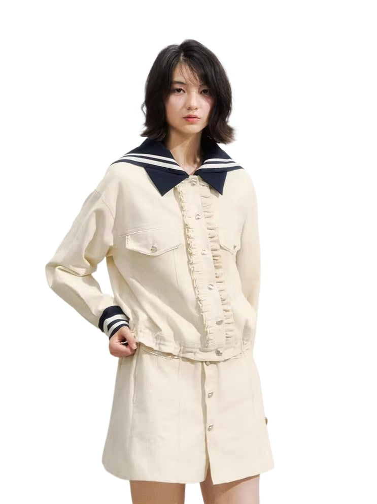 Naval Collar Vintage Stylish Jacket &amp; Skirt Set