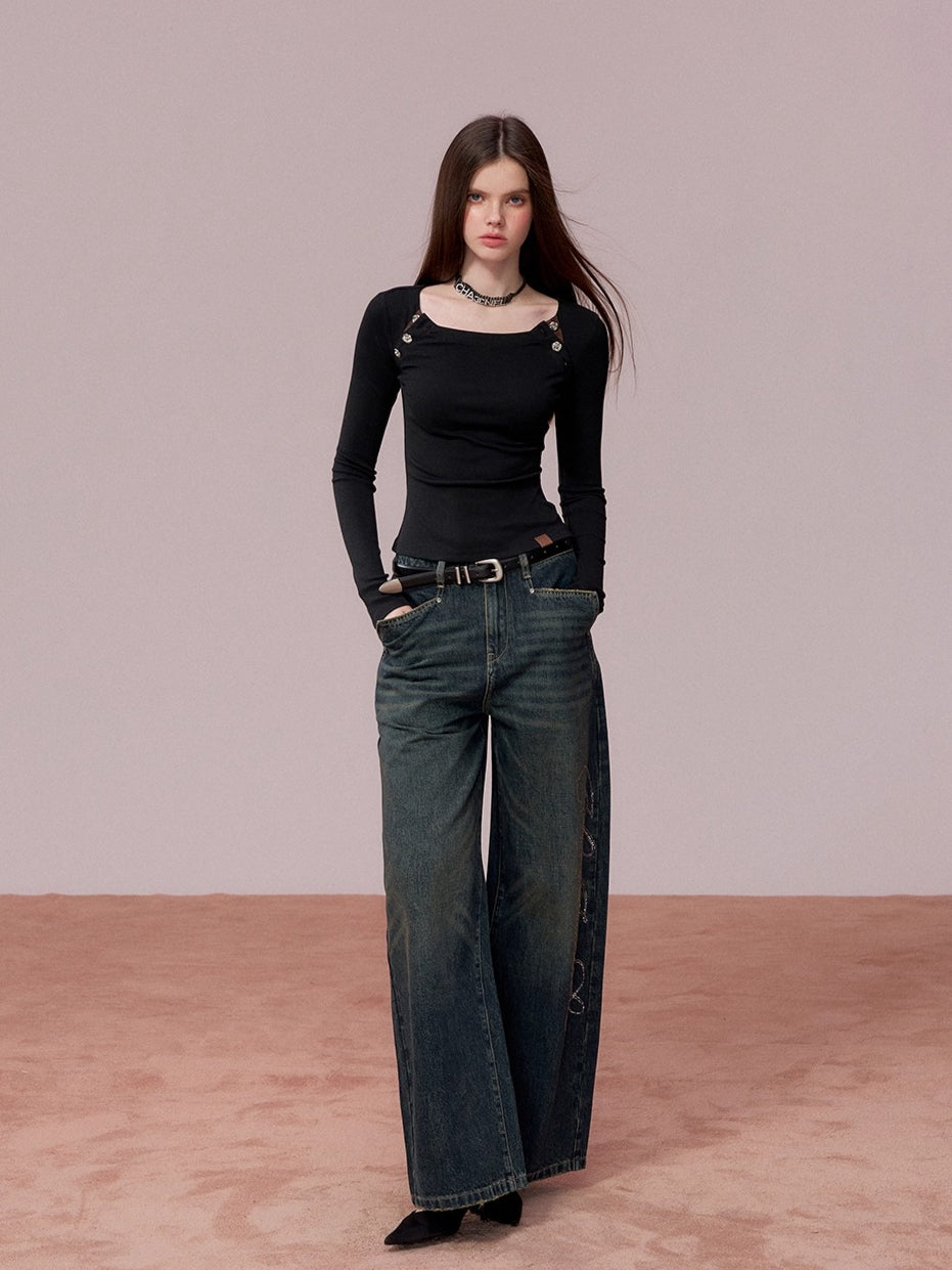 Retro Blue Studded Letter Wide-Leg Jeans