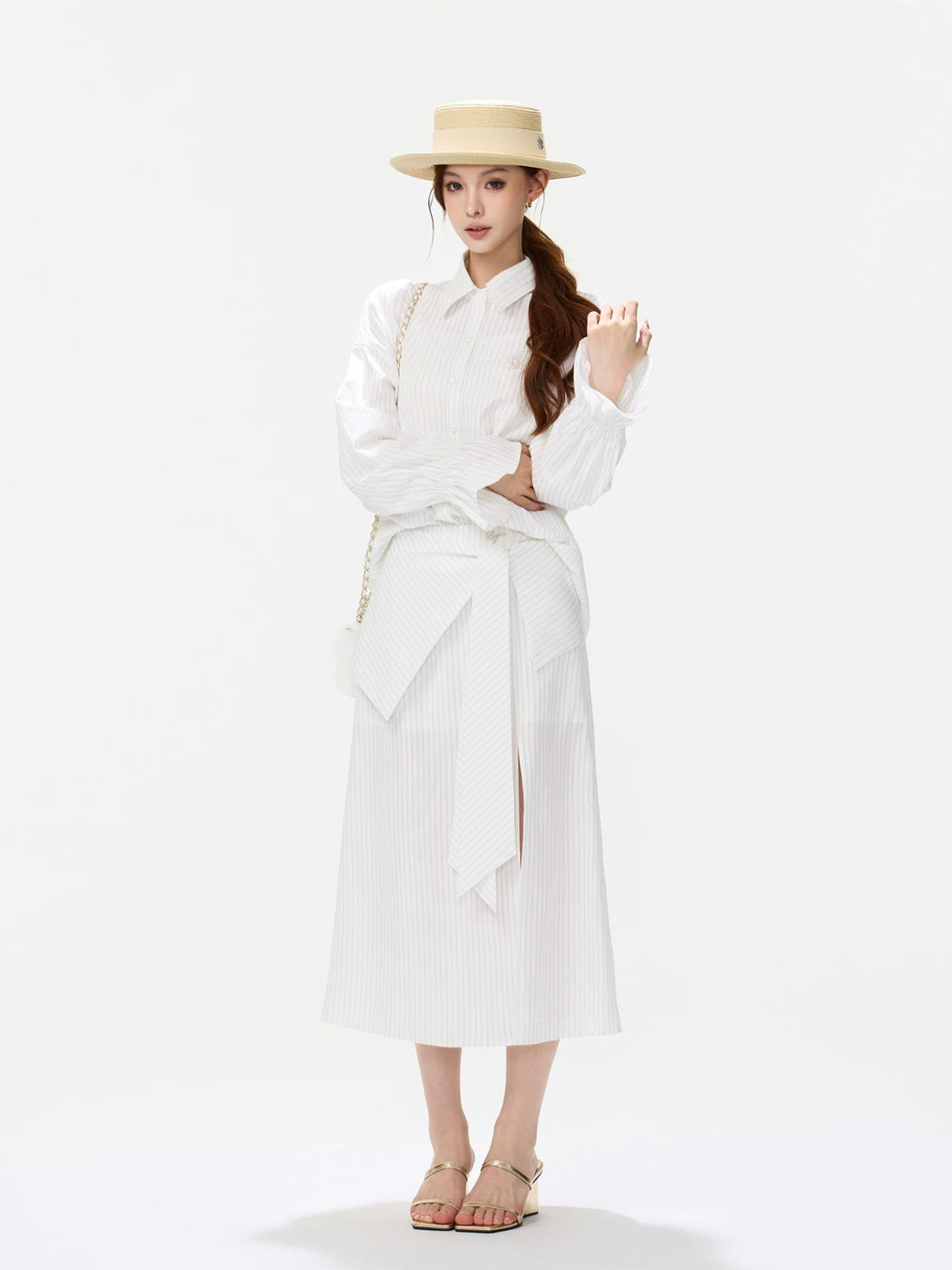 Striped Bow Shirt &amp; Slit Skirt Set