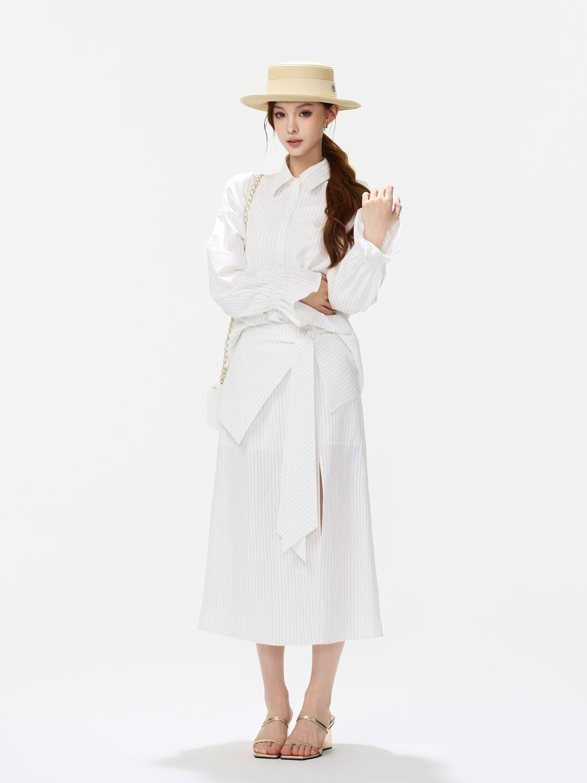 Striped Bow Shirt &amp; Slit Skirt Set