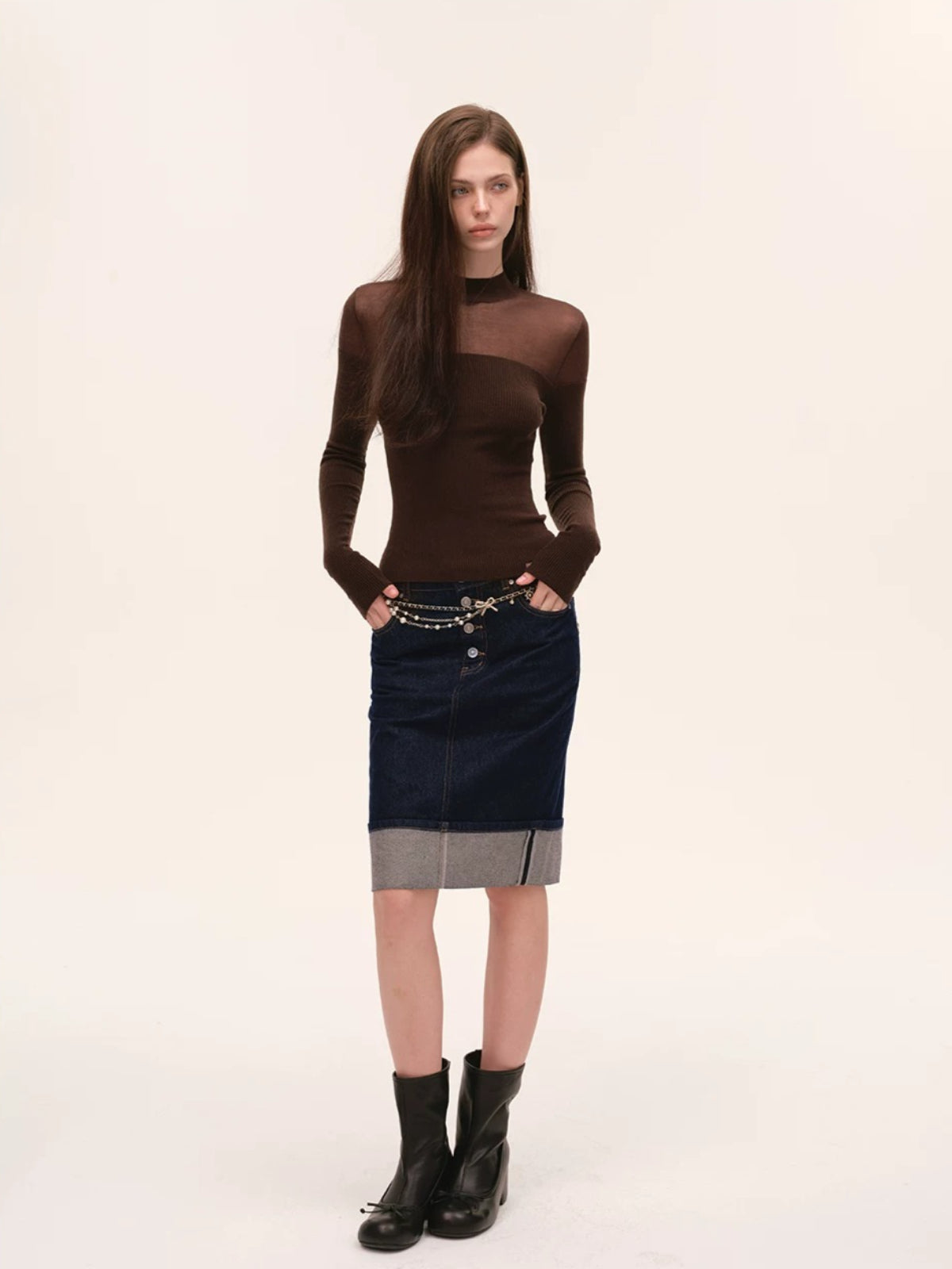Sheer Mesh Mock Neck Fitted Knit Top