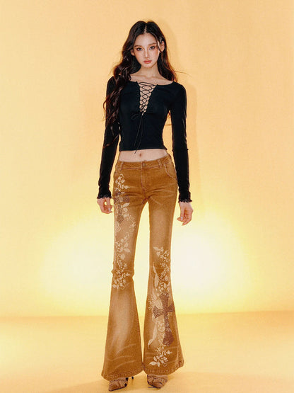 Lace Backless Tie-Up Long Sleeve T-shirt