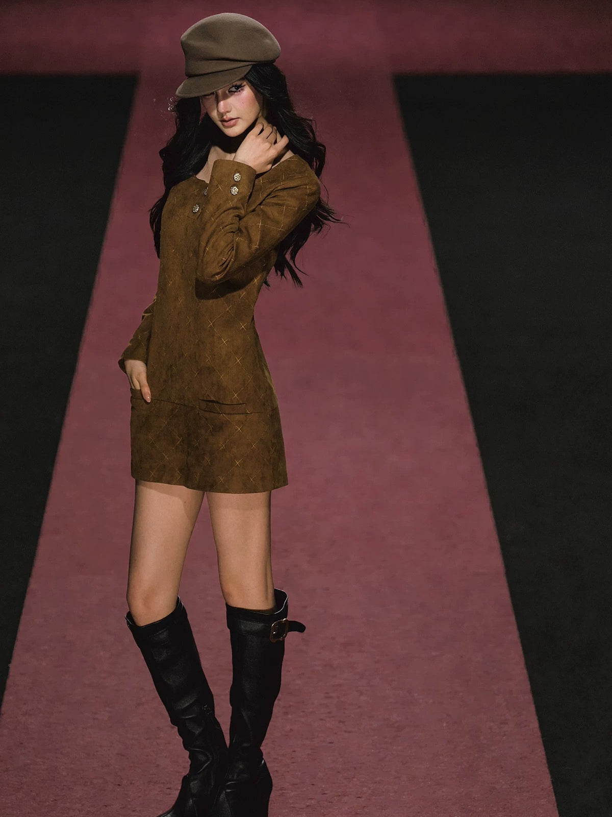 Suede Diamond Cinched Waist Dress