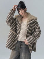 Striped Horn-Button Collar Coat
