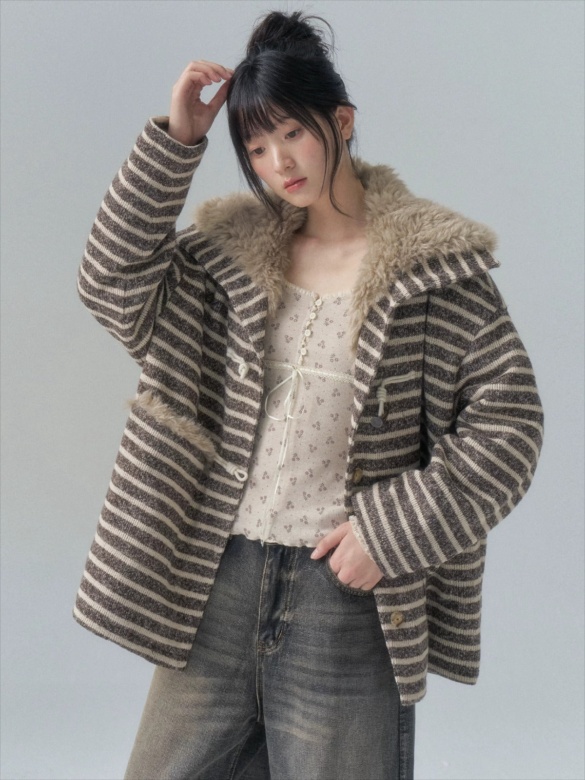 Striped Horn-Button Collar Coat