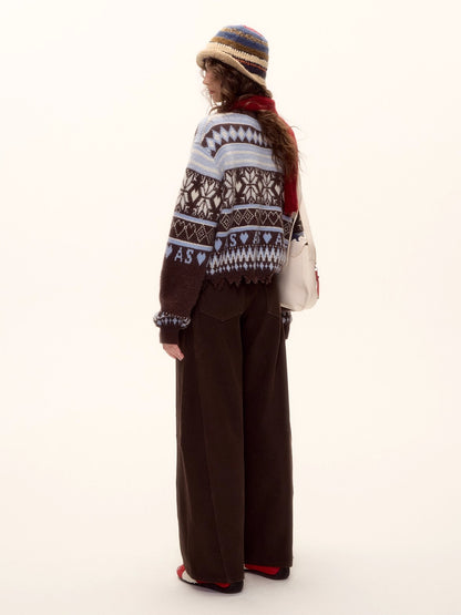 Fair Isle Half-Zip Fringed Knit Sweater