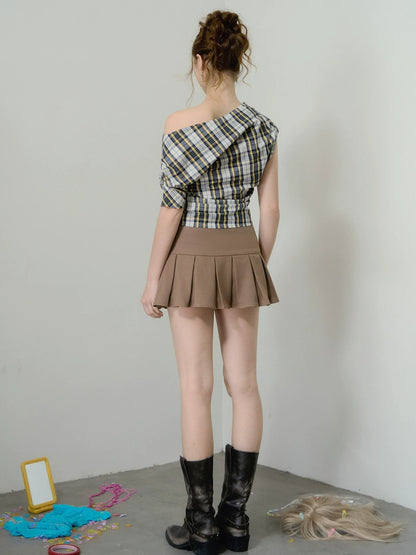 Asymmetric Plaid Draped Top