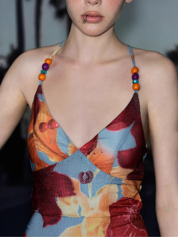 Tropical Backless Tie Maxi Dress