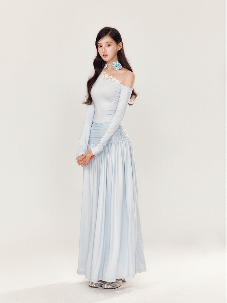 Off-Shoulder Asymmetrical Waist Pleated Dress