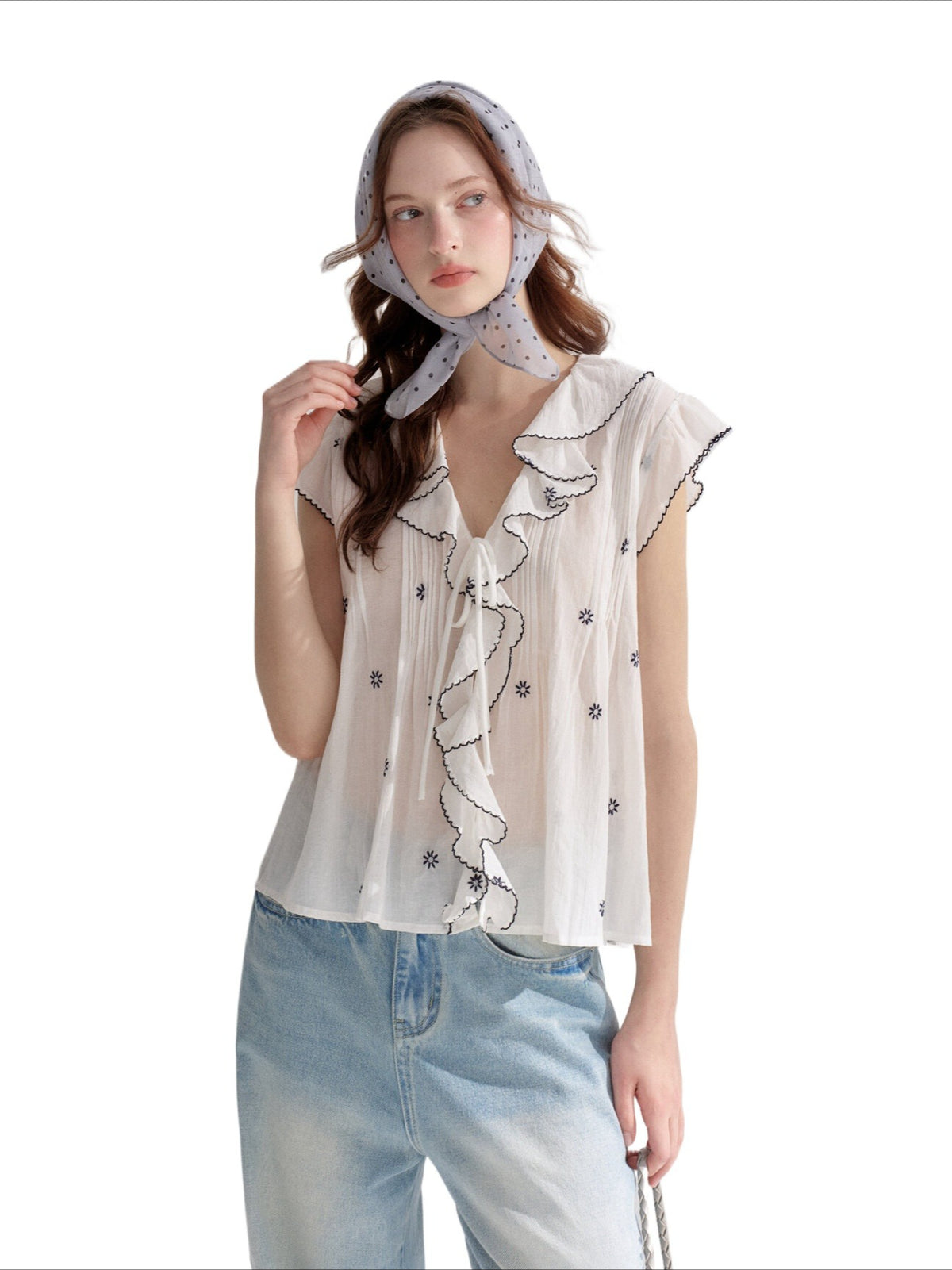 Lace Trim Ruffle V-Neck Blouse
