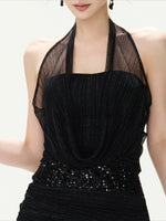 Black Sequin-Waist Halter Dress