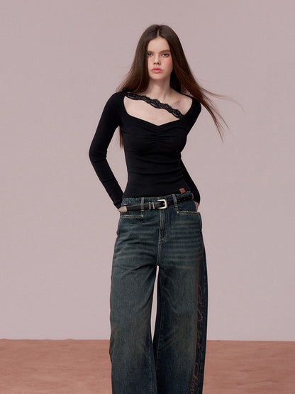 Ruched Lace Detail Knit Top