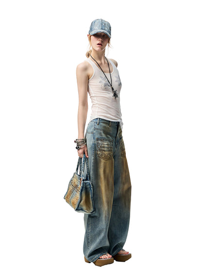 Floral Rhinestone Semi-Sheer I-shaped Tank Top