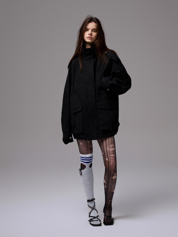 Heavy Embroidery Jacquard Multi-pocket Stand Collar Utility Jacket