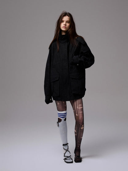 Heavy Embroidery Jacquard Multi-pocket Stand Collar Utility Jacket