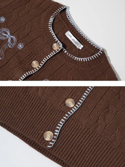 Brown Bow Embroidered Cable Knit Cardigan