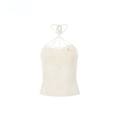 Rose Knitted Hollow Out Spaghetti Strap Tank Top