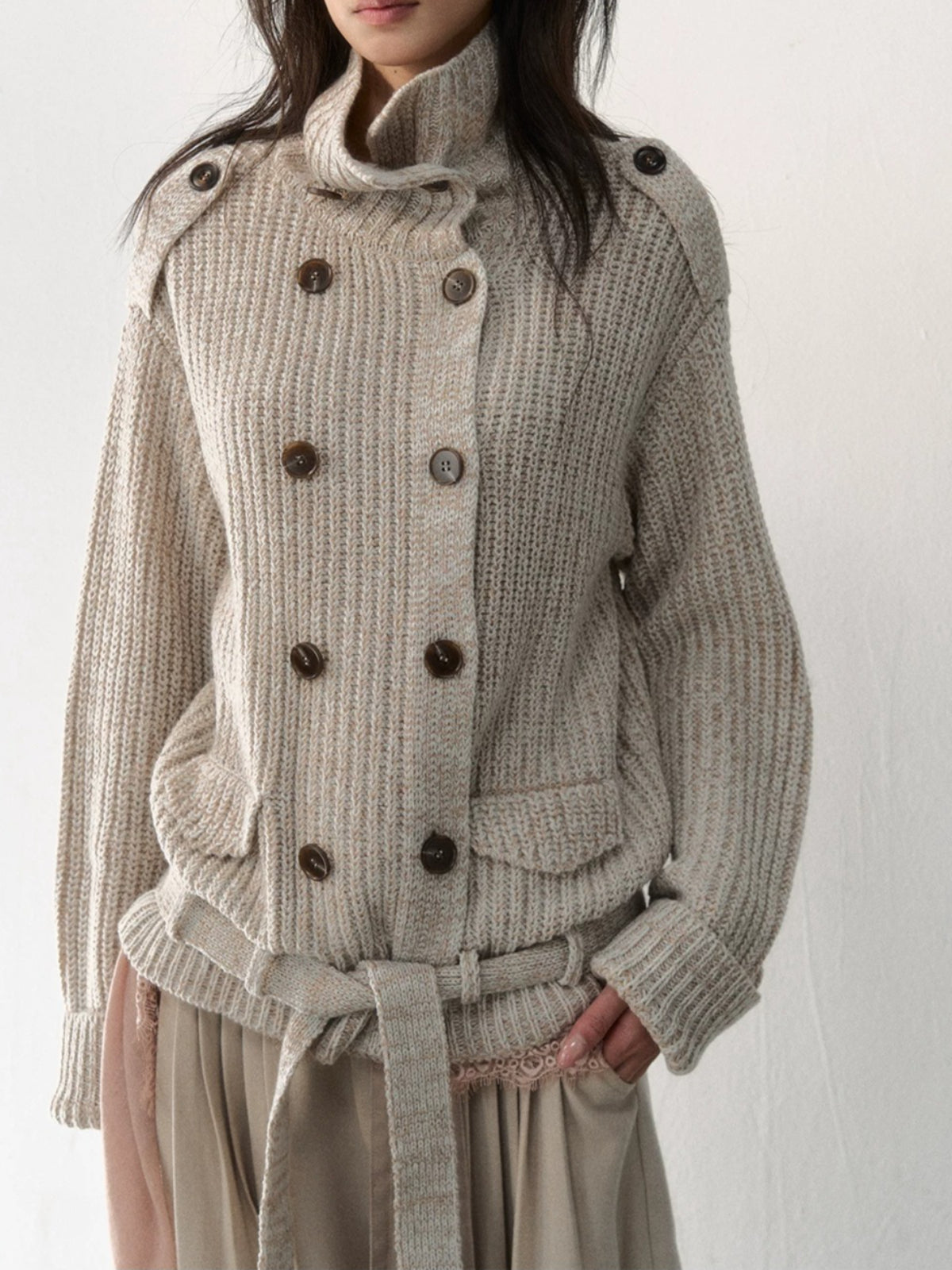 Double-Breasted Turtleneck Knit Cardigan