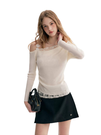 Lace Trim Asymmetric Knit Top