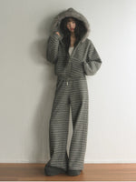 Striped Faux Fur Hooded Zip Cardigan