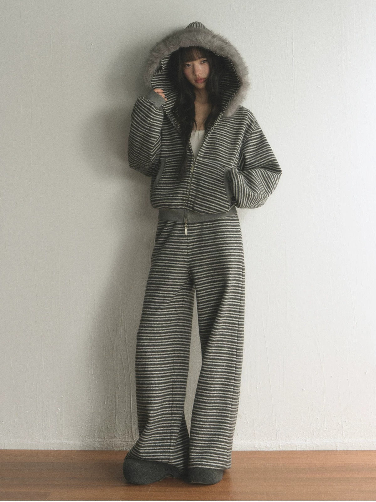 Striped Faux Fur Hooded Zip Cardigan