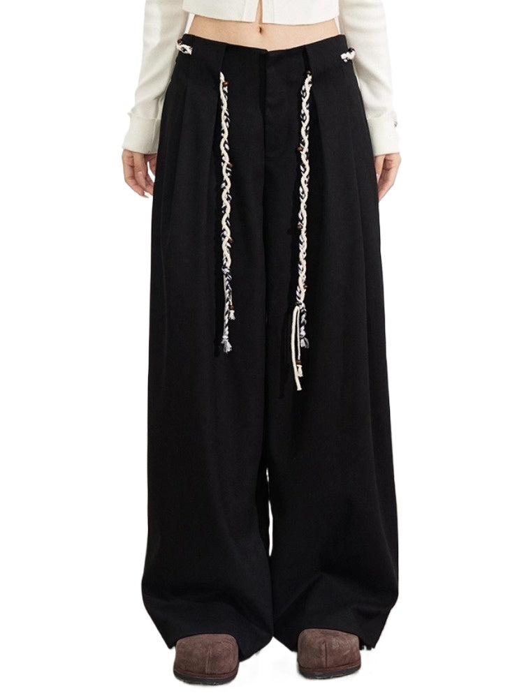 Black & Brown Belted Wool Wide-Leg Pants