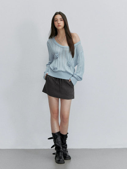 Asymmetric Floral Openwork Knit Top